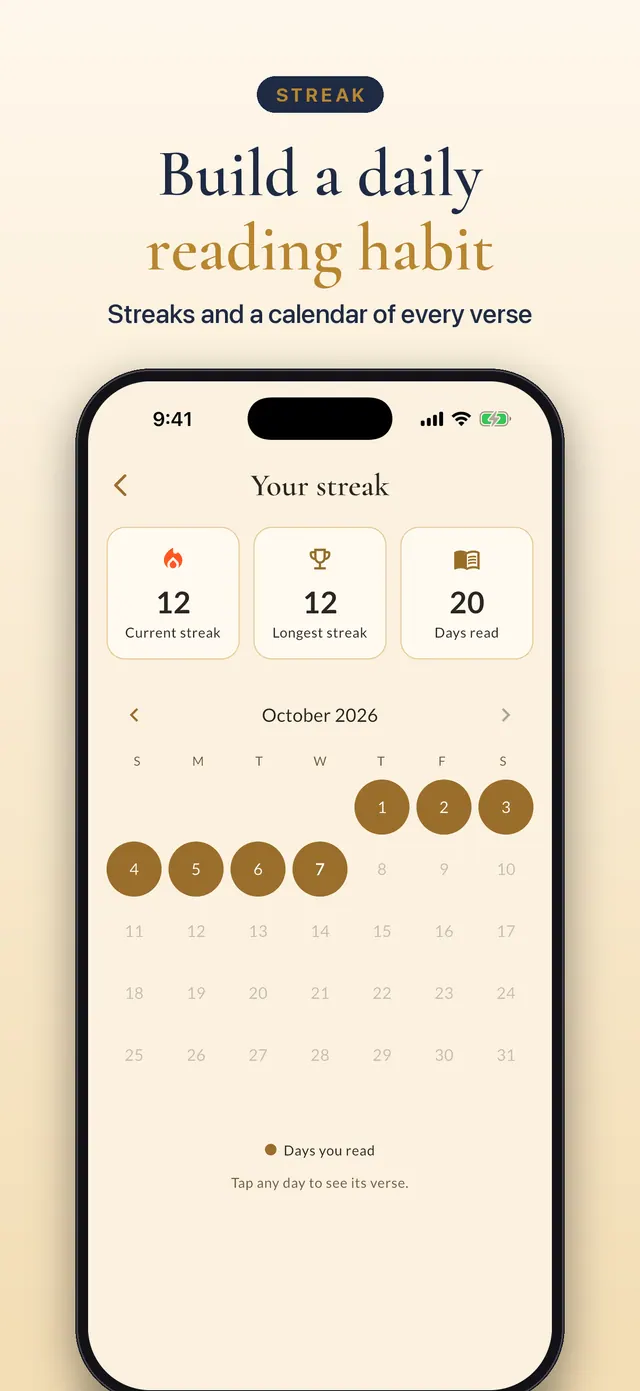 Daily reading streak with a calendar of past verses