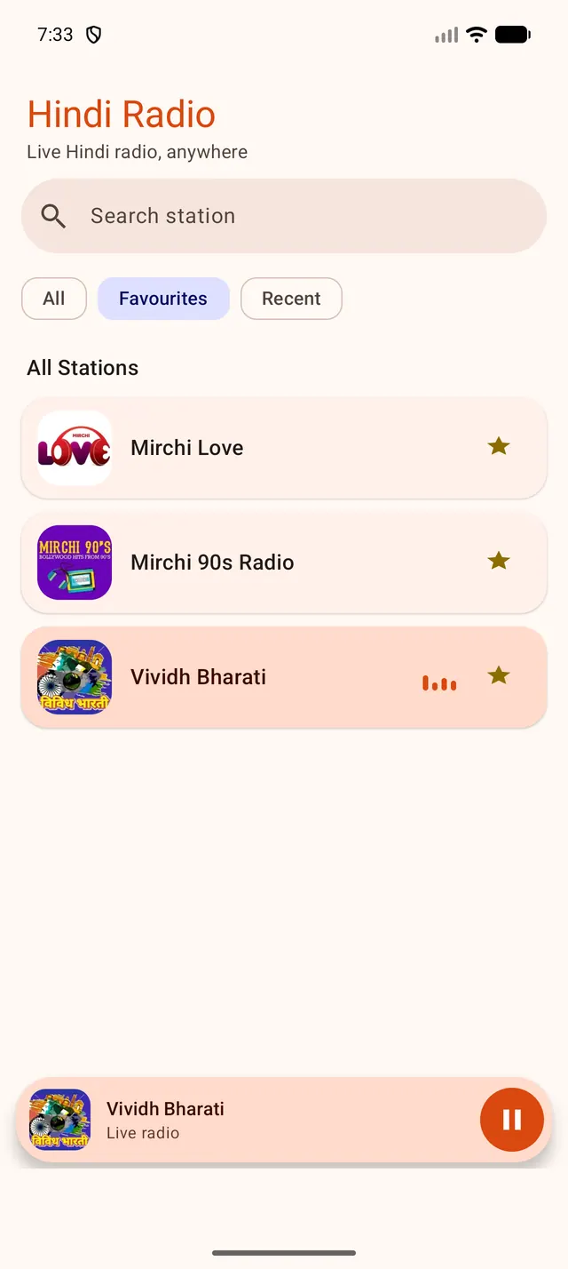 Favourite Hindi radio stations with a mini-player