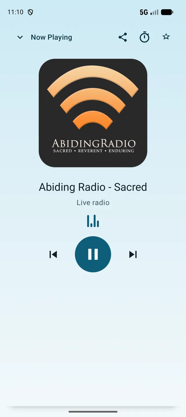 Now playing Abiding Radio with playback controls