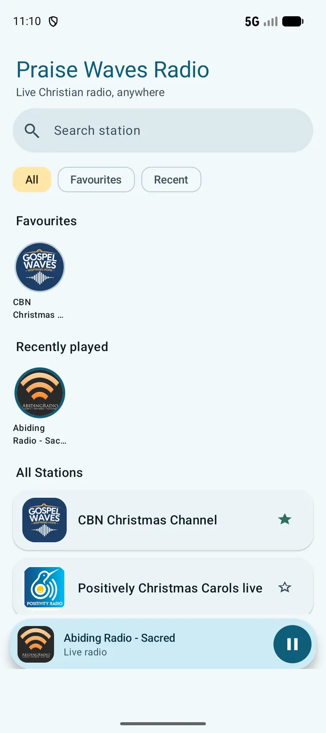 Favourite and recently played stations with a mini-player