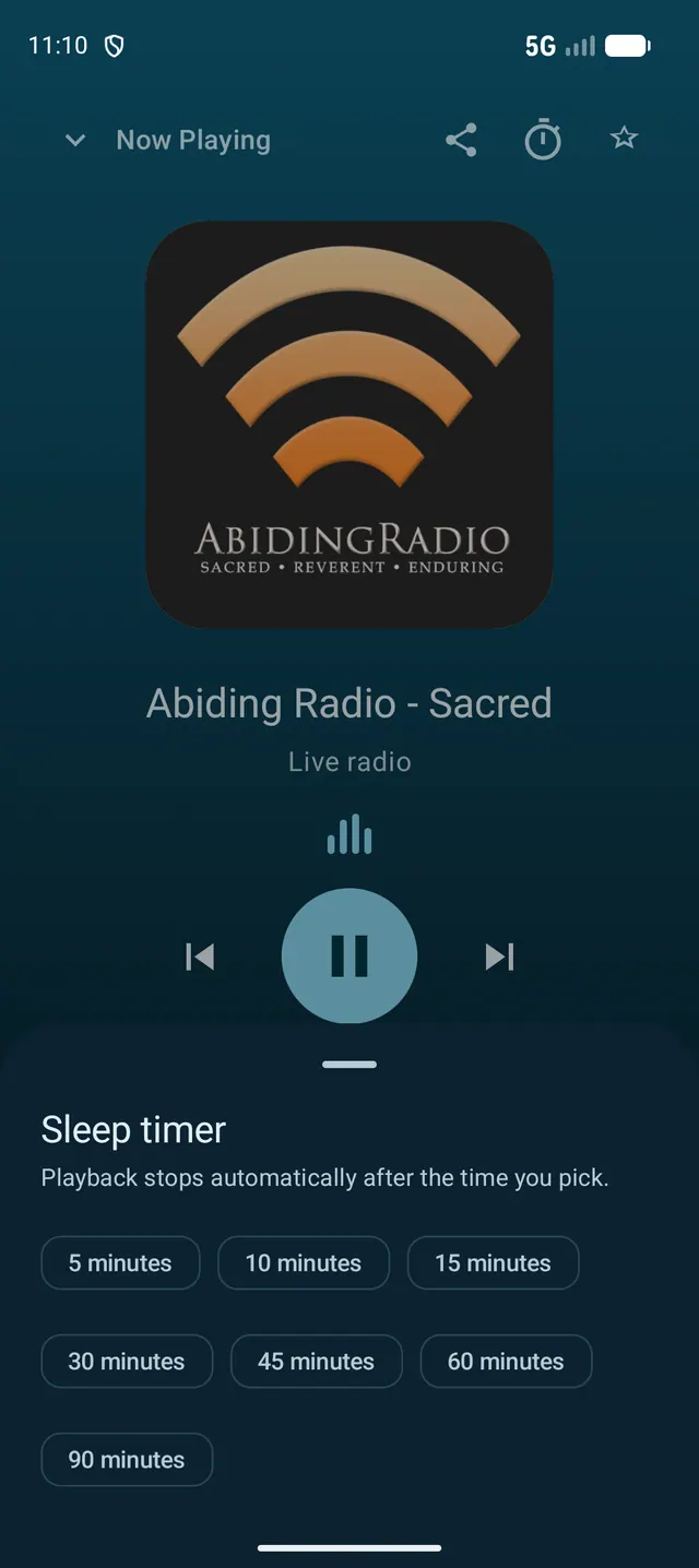 Sleep timer options in the dark theme