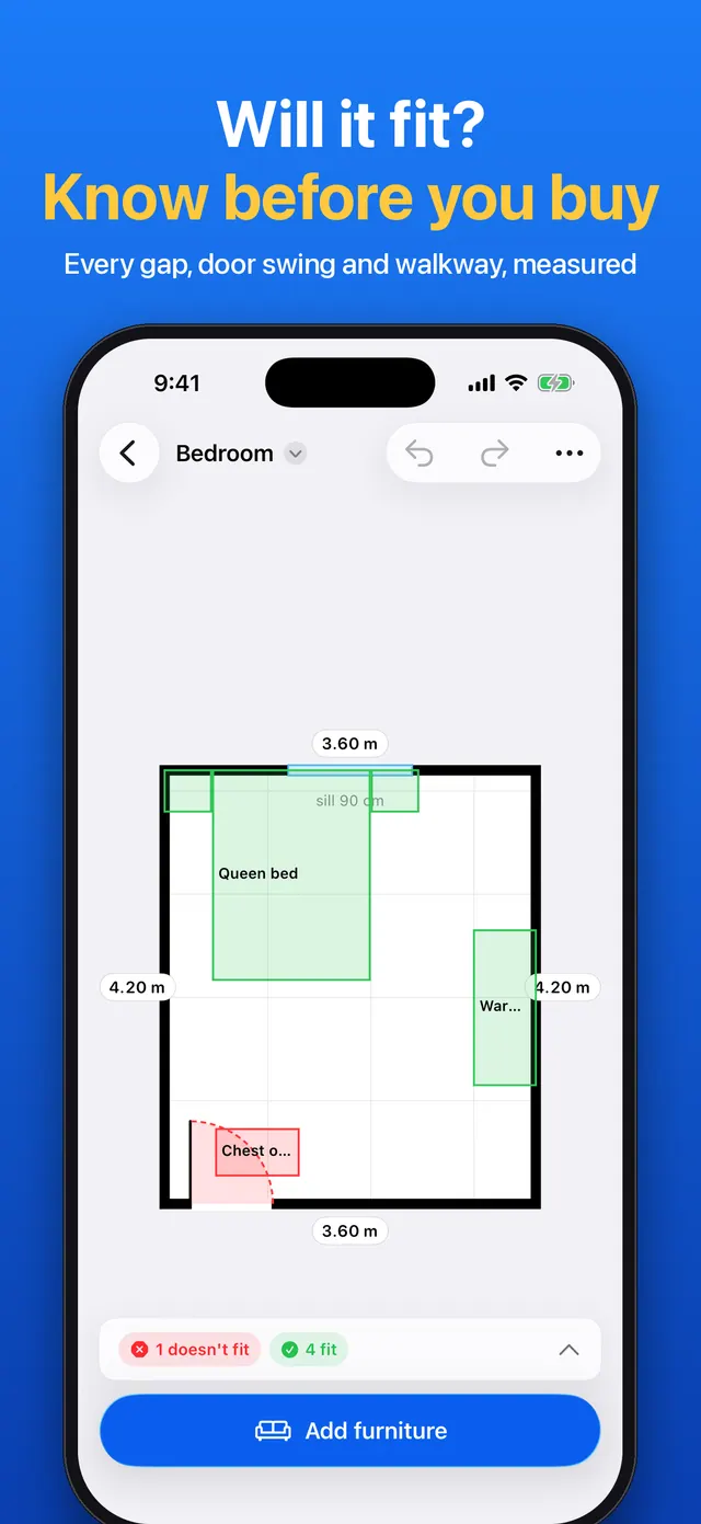 Bedroom floor plan with measurements, showing which furniture fits and which doesn't