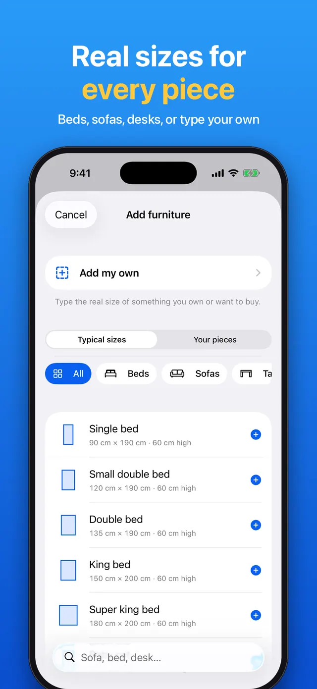 Furniture catalog with real sizes for beds, sofas and desks, or add your own piece
