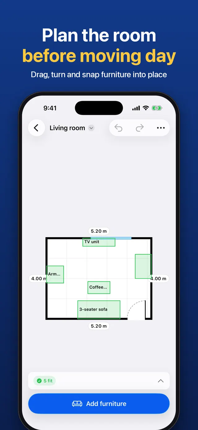 Living room furniture layout with a sofa, TV unit and coffee table, all fitting