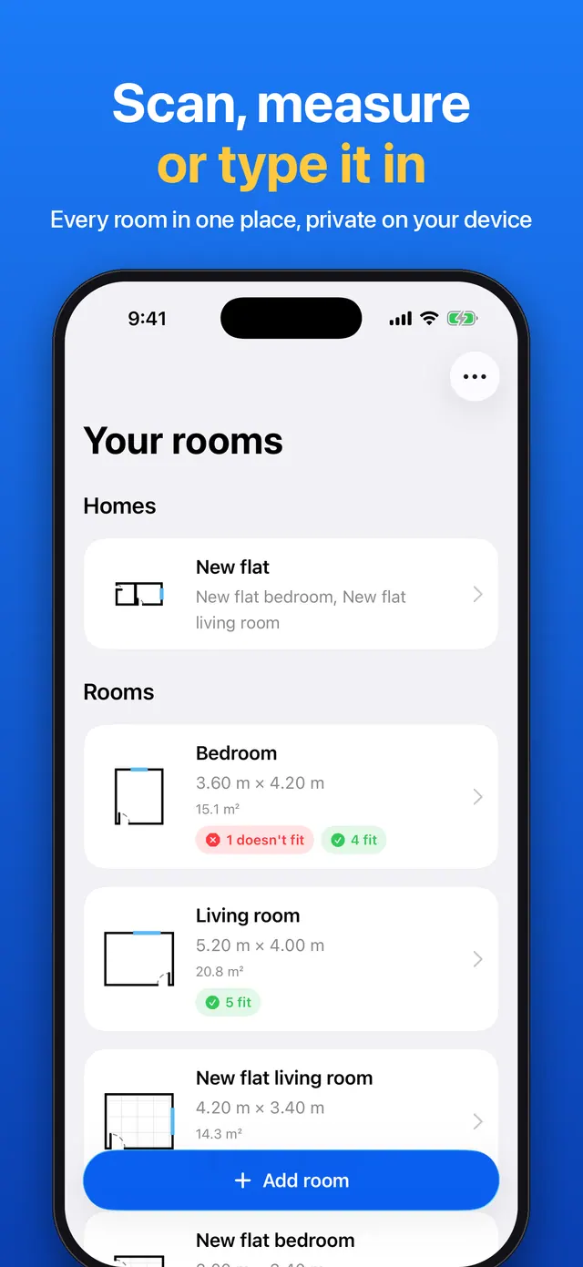 Your rooms and homes, each with its size and how many pieces fit