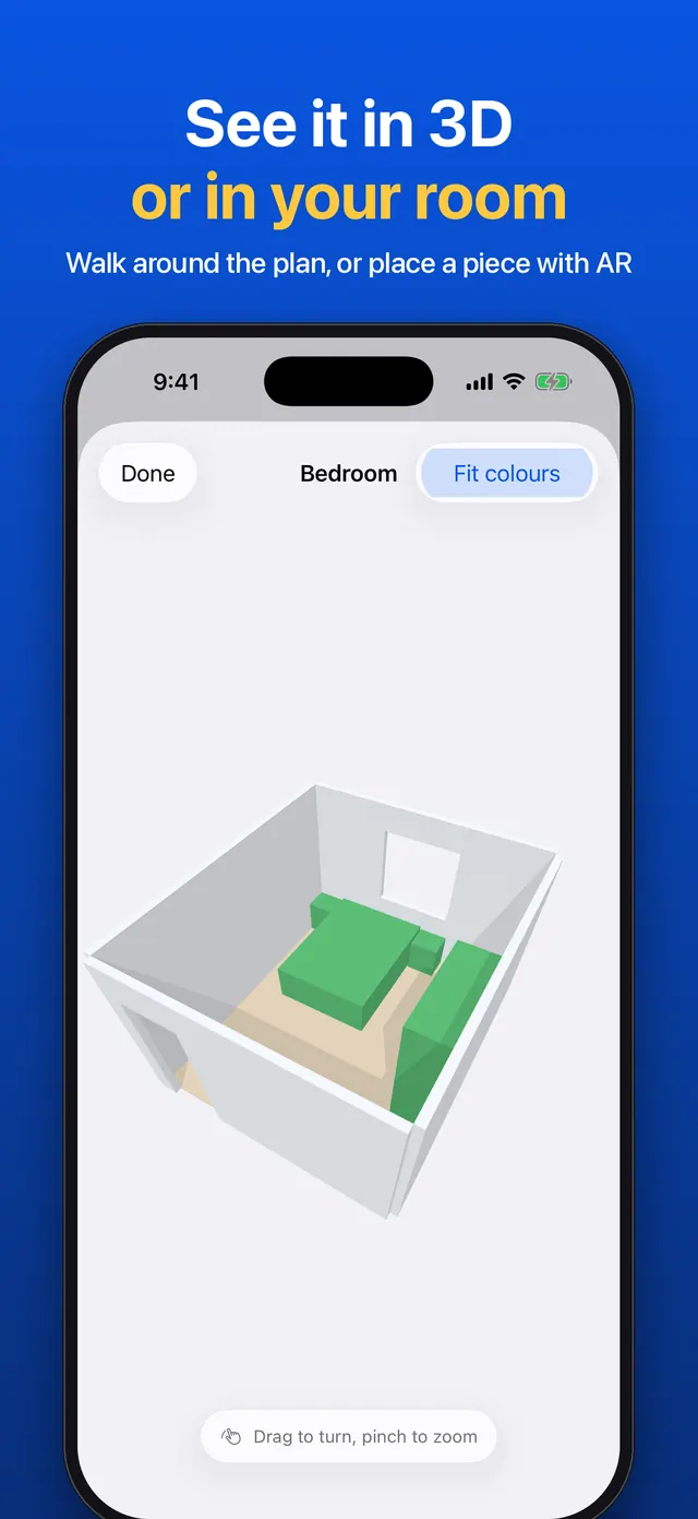 3D view of a bedroom plan with the furniture coloured by fit