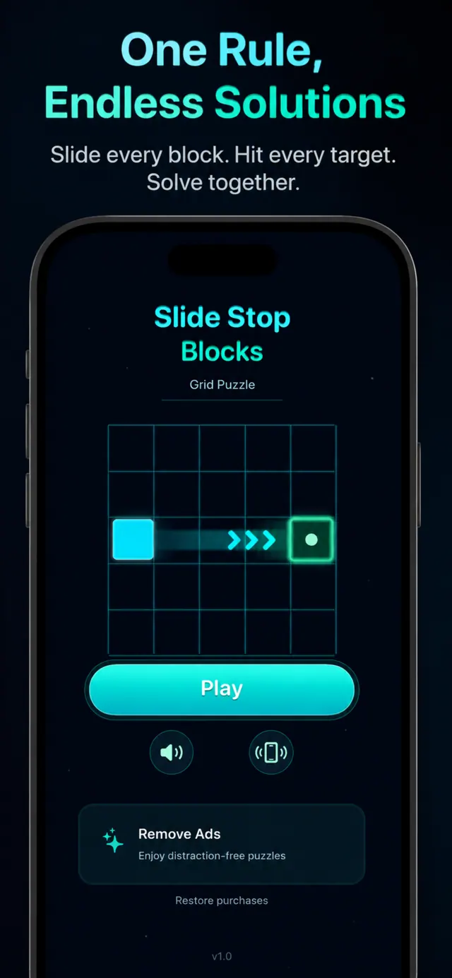 Slide Stop Blocks title screen with a grid puzzle