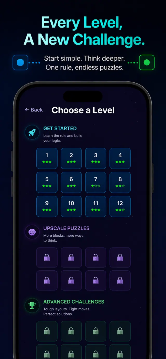 Level select with 24 handcrafted puzzles