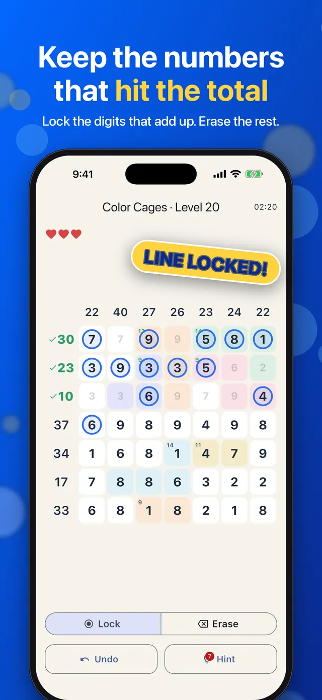 A Totalock board with three rows locked and their targets ticked