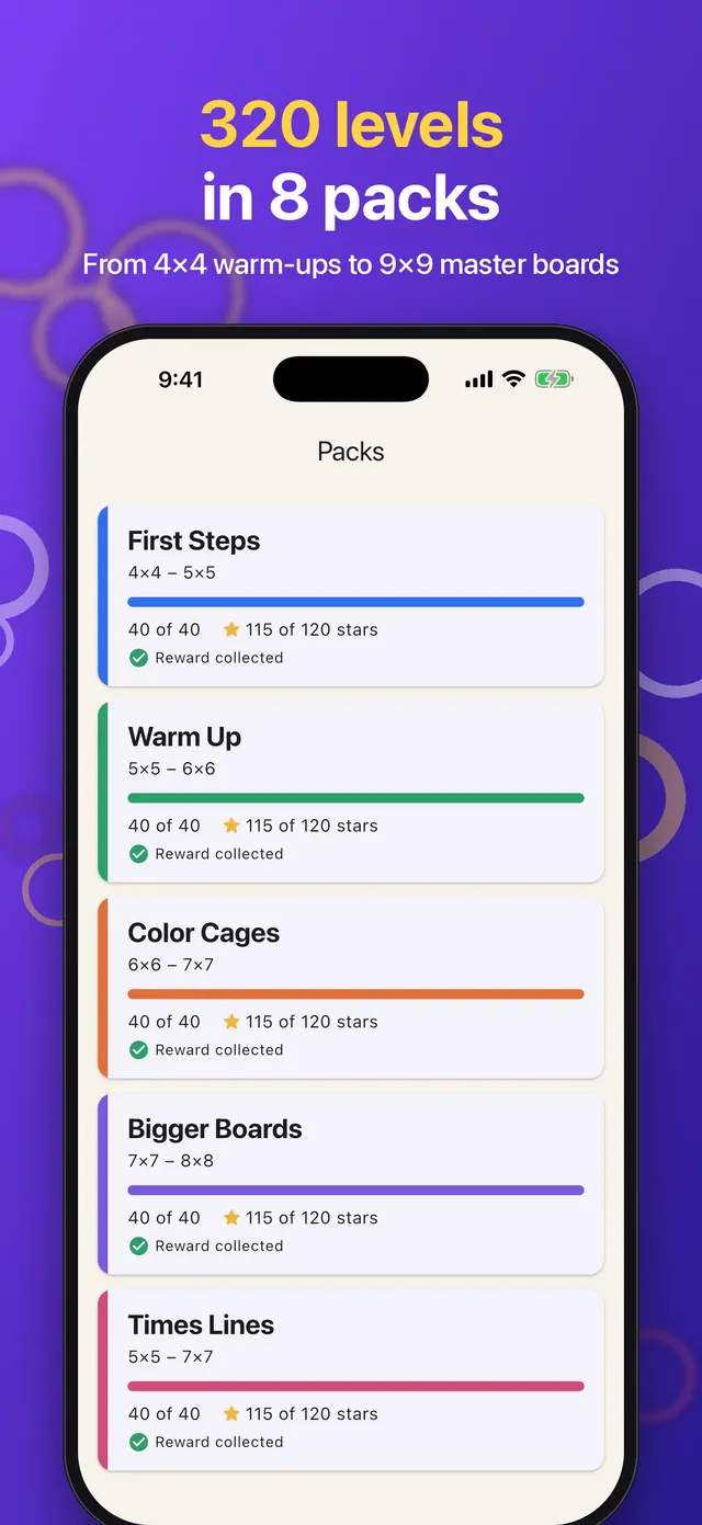 Eight puzzle packs with progress and star totals