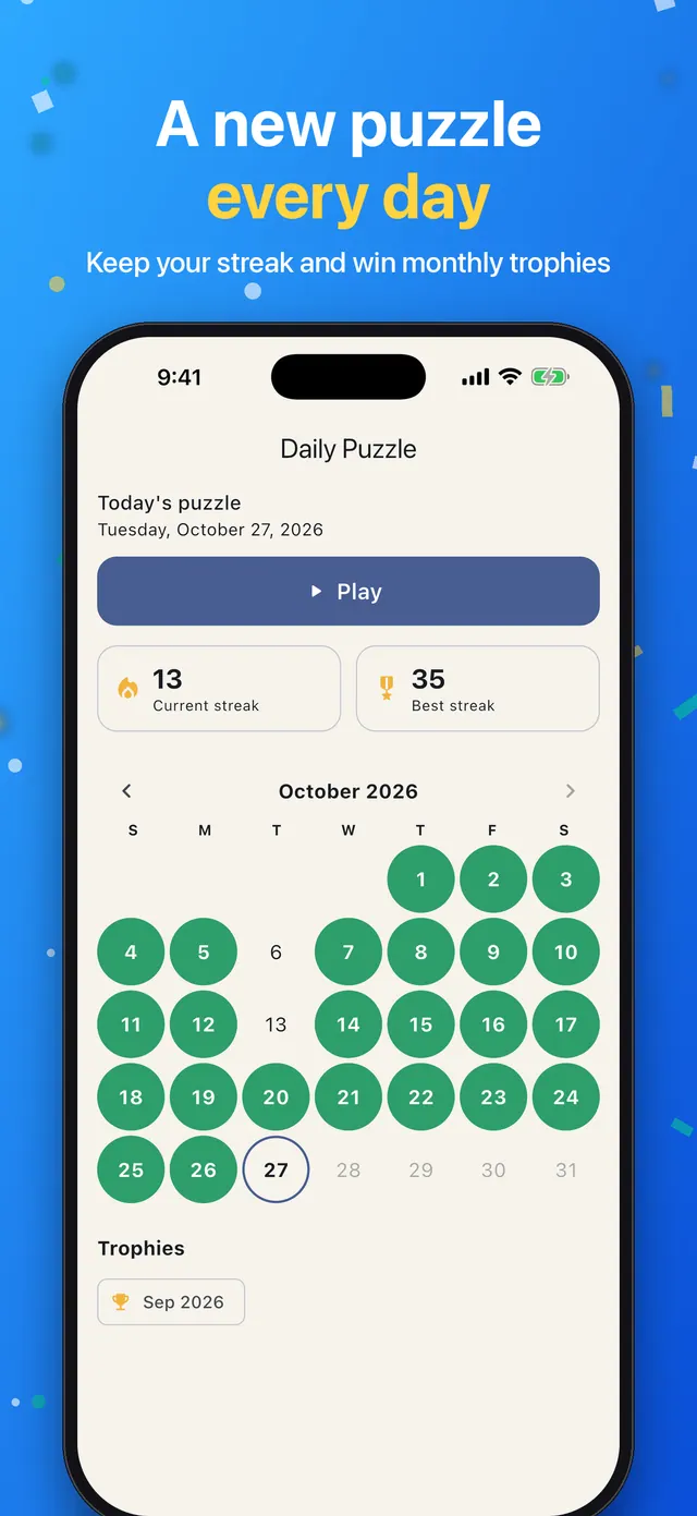 The daily puzzle calendar with a 13-day streak and a trophy
