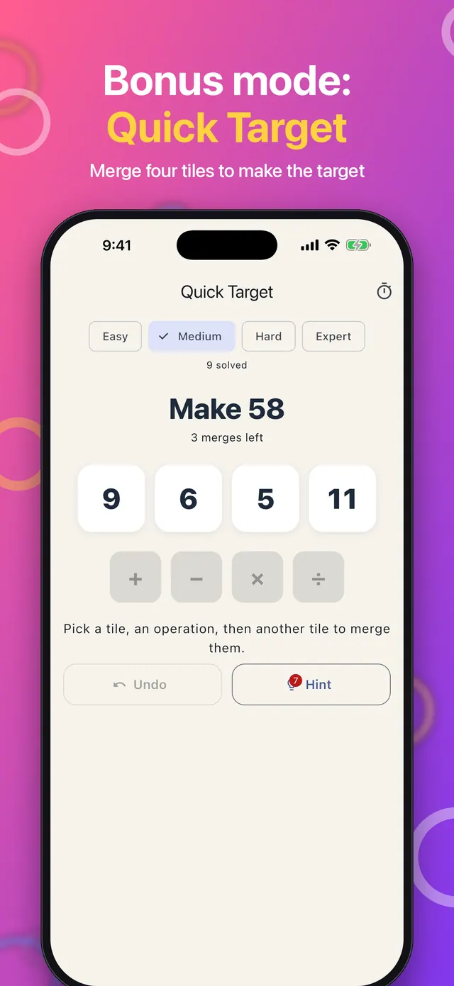 Quick Target: merge four tiles to make 58